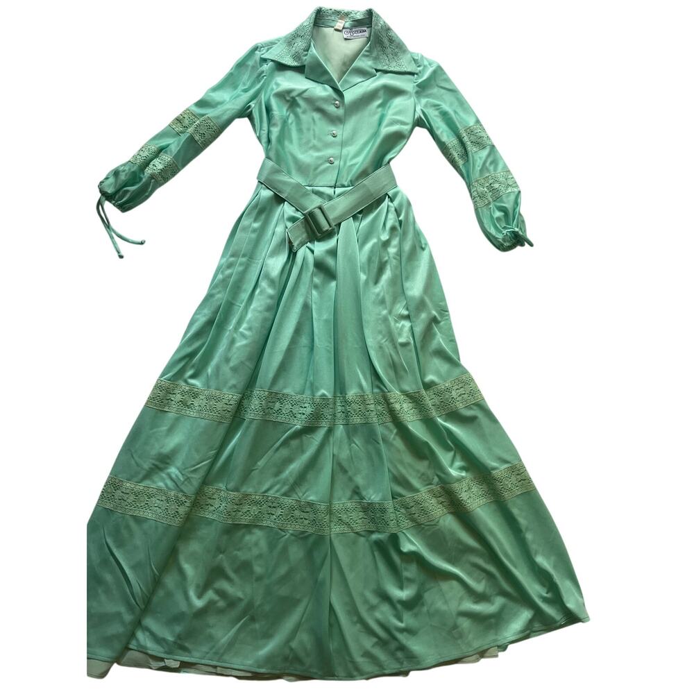Vtg 70s Acclaim Seymour Levy Mint Green Prairie Maxi Dress Lace Tiered Belted S
